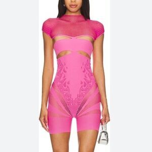 Poster Girl Pollard Playsuit fuschia pink fishnet romper body stocking Revolve